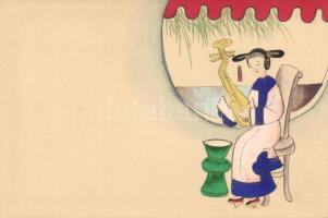 Japanese woman lyre handcrafted card