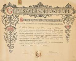 1924 A M. Kir. József-Műegyetem gépészmérnöki oklevele, aláírásokkal, 5000 K. okmánybélyeggel, sérült pecséttel, feltekerve.