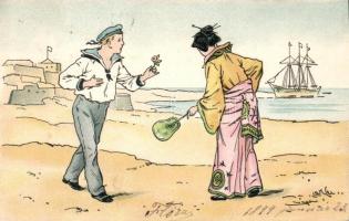1899 Japanese lady and a sailor litho
