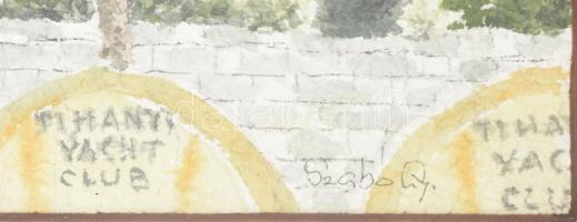 Szabó György (1927-2017): Tihanyi Yacht Club. Akvarell, papír, jelzett, 26x17,5 cm, üvegezett fakere...