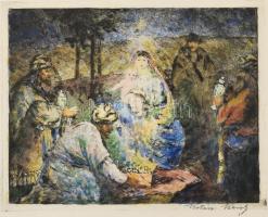 Kotász Károly (1872-1941): Háromkirályok. Színezett rézkarc, papír, jelzett, üvegezett fakeretben, 1...