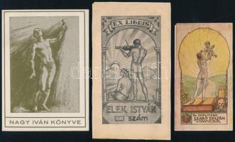 3 db erotikus ex libris, klisé, papír, egyik szakadással, 10×5,5 és 13×7 cm közötti méretekben