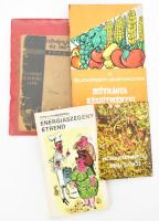 4 db étrend és növénytermesztés könyv és nyomtatvány: Horn János: Őszibarack termesztése. Növényvédelem és Kertészet Könyvtára. Bp., 1937, Növényvédelem és Kertészet, 77+3 p. Kiadói papírkötés, sérült, foltos és elvált borítóval, laza fűzéssel, címlap kissé sérült, megviselt állapotban. + Gaál Endréné, Horváth László, Lontai Egonné: Diéta a vendéglátásban. Energiaszegény étrend. H.n., 1984, k.n. Kiadói papírkötés. + Schott Péter: Lugasparadicsom. H.n., é.n., szerzői. Kiadói papírkötés. + A Budapesti Vegyiművek műtrágya készítményei. Bp., 1984, Budapesti Vegyiművek. Kézirat. Kiadói papírkötés, kissé foltos borítóval.