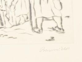 Borsos Miklós (1906-1990): Zarándokok. Rézkarc, papír, jelzett, üvegezett fakeretben 14x26 cm