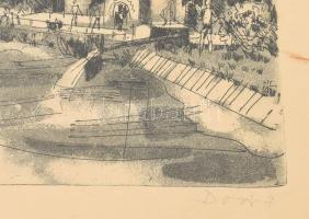 Doór Ferenc (1918-2015): Gyulai strand. Rézkarc, papír, jelzett, üvegezett fakeretben, 20x30 cm