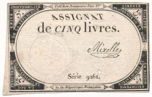 Franciaország 1793. 5L Assignata T:F ly. France 1793. 5 Livres Assignata C:F hole Krause P#A76