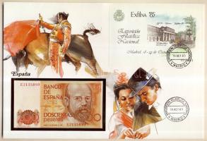 Spanyolország 1980. 200P dekoratív, nagyalakú bankjegyes, bélyeges borítékon, bélyegblokkal és alkalmi bélyegzővel T:I