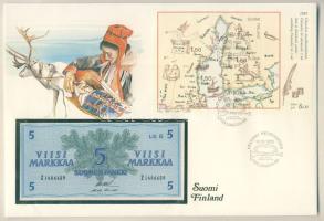 Finnország 1963. 5M dekoratív, nagyalakú bankjegyes, bélyeges borítékon, bélyegblokkal, elsőnapi bélyegzővel T:I