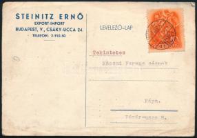 1938 Steinitz Ernő, Export-Import Levelezőlap 10f 1938 Szent István bérmentesítve