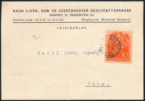 1938 Hazai Likőr-, Rum- és Szeszárugyár R.T. 10f 1938 Szent István bérmentesítve