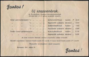 1941 Tájékoztató az Új szappanárak bevezetéséről, Török -Labor ismert termékeivel, Bp.