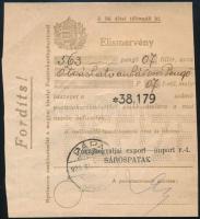 1929 Tokajhegyaljai Export-Import R.T. Postatakarékpénztári elismervény