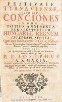 Josephus, Sancta Maria: Festivale Tyrnaviense, hoc est: conciones in omnia totius anni festa per apostolicum Hungariae Regnum celebrari solita, Quae ante annos aliquot in Libera, Regiáque Civitate Tyrnaviensi ex Cathedra Summi Templi Germanicae Nationi, Teutonico idiomate sunt propositae, nunc vero Ad Spiritualem proximi utilitatem eas Latinitate donavit, idem, qui dixit Tyrnaviae, [Nagyszombat], 1743. Typis Academicis Societatis Jesu. 1 rézm. t. + [26] + 390 [helyesen 380] p. + errata. Ünnepi prédikációk gyűjteménye, Korabeli, bordázott gerincű egészbőr-kötésben gerincén kis sérüléssel