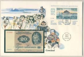 Dánia 1972. 20K dekoratív, nagyalakú bankjegyes, bélyeges borítékon, grönlandi bélyegblokkal, alkalmi bélyegzővel T:I