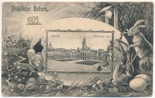 1909 Arad, Városház tér. Szecessziós húsvéti üdvözlet / town hall and square. Art Nouveau montage with Easter greeting (Rb)