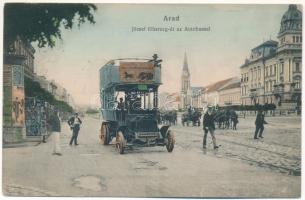 1909 Arad, József főherceg út, emeletes autóbusz reklámmal. Bloch H. kiadása / street, double decker autobus with advertisement