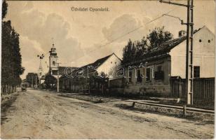 Gyorok, Ghioroc; utca, templom, Arad-Hegyaljai Helyiérdekű Vasút sínje. Butar kiadása / street, churches, railway tracks (Rb)