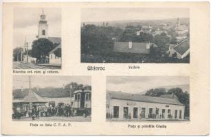 1925 Gyorok, Ghioroc; Román ortodox és református templomok, Petru Gladis üzlete, Nádasdy tér, Arad-Hegyaljai Helyiérdekű Vasút villamos megállója, motorosított vasútállomás / Piata cu linia C.F.A.P. (Calea ferata ingusta Arad-Podgoria) / Romanian Orthodox and Calvinist churches, square, shop, railway station, train (EK)