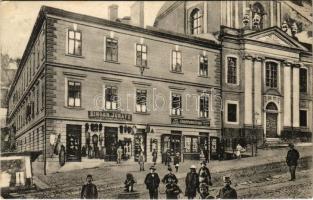 Selmecbánya, Banská Stiavnica; Kolos leánynevelő intézet zárdája, utca, Singer Ignátz és Grohmann Gyula üzlete / street view with nunnery and shops (EK)