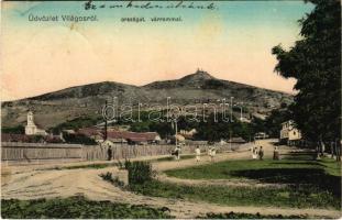 1910 Világos, Siria; Országút várrommal, templom. Bemater Ödön kiadása / street, castle ruins, church