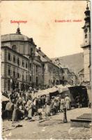 1913 Selmecbánya, Banská Stiavnica; Kossuth tér, Kolos leánynevelő intézet zárdája, piac, Singer Ignátz, Grohmann Gyula üzlete és saját kiadása / street view, nunnery, market, publisher's shop (EM)