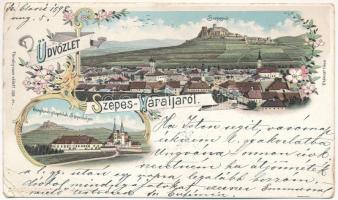 1898 (Vorläufer) Szepesváralja, Spisské Podhradie; látkép, templom és püspökilak Szepeshelyen / general view, church and bishop's home in Spisská Kapitula. Art Nouveau, floral, litho (EB)