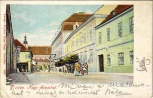 1907 Nagyszombat, Tyrnau, Trnava; utca, Theke üzlete. Fischer Hugo kiadása / street view, shop + "Postakalauz Nagy-Szombat Szered Galánta között" bélyegzés (EK)