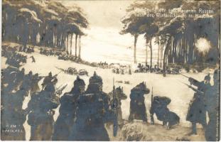 Verfolgung der geschlagenen Russen nach der Winterschlacht in Masuren / WWI German military art postcard