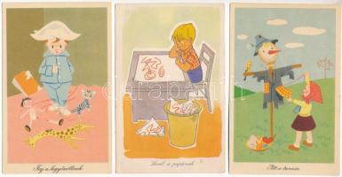 7 db postatiszta retró grafikai lap,humor Réber László grafikái - gyerekek (Képzőművészeti Alap)
