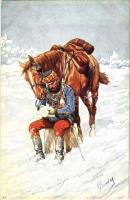 WWI Austro-Hungarian K.u.K. military art postcard, hussar with horse. B.K.W.I. 933-9. s: K. Feiertag