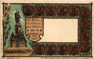 1900 Arad, a 13 vértanú kivégeztetésének 50. évfordulója dicső emlékére. Kiadja az Aradi 1848-as Országos Ereklye Múzeum / Memorial card for the 50th anniversary of the executions of the martyrs of Arad 1849-1899. Lith. Lengyel Lipót. Art Nouveau, floral, litho (EK)