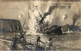 Der Untergand des französischen Linienschiffe "Bouvet" am Eingang der Dardanellen / WWI Austro-Hungarian Navy, K.u.K. Kriegsmarine art postcard s: Willy Stöwer