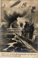 Kampf eines deutschen Marineluftschiffes mit englischen Unterseebooten am 3. Mai 1915. / WWI German Navy (Kaiserliche Marine) art postcard, airship in battle with British submarines