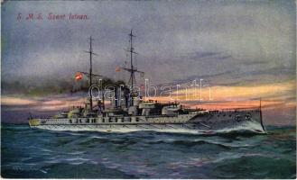 SMS Szent István az Osztrák-Magyar Haditengerészet Tegetthoff-osztályú csatahajója / K.u.K. Kriegsmarine / WWI Austro-Hungarian Navy art postcard, Tegetthoff-class dreadnought battleship. C. Fano, Pola, 1914/15. 52. s: Ed. Dworak (EK)