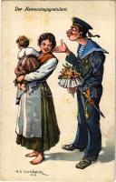 Der Namenstagsgratulant. K.u.K. Kriegsmarine Matrosen / WWI Austro-Hungarian Navy mariner humor. C. Fano Pola 17. 1914/15. s: Ed. Dworak (fl)