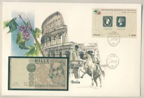 Olaszország 1982. 1000L dekoratív, nagyalakú bankjegyes, bélyeges borítékon, bélyegblokkal és alkalmi bélyegzővel T:I
