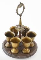 Bronz pálinkáspohár szett, tartón, kopással, m: 27 cm