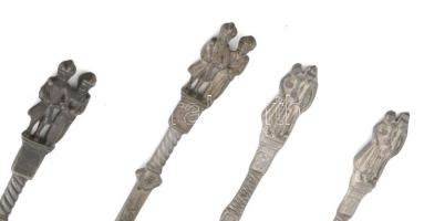 8 darab német pálinkaivó díszkanál, ón, közte deformálódással, h: cca 18 cm