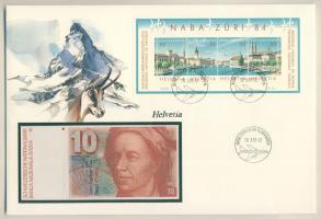 Svájc 1979-86. 10F dekoratív, nagyalakú bankjegyes, bélyeges borítékon, bélyegblokkal és alkalmi bélyegzővel T:I