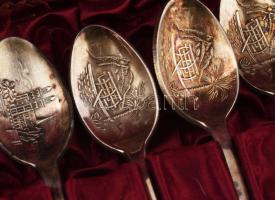 12 darabos Rolex dísz kanál készlet. Bucherer cég, 12 db klf. Ezüstözött fém, díszdobozban / Rolex s...