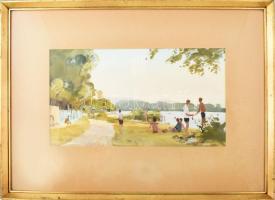 Dobroszláv Lajos (1902-1987): Strandon. Akvarell, papír, üvegezett keretben, 23x42 cm