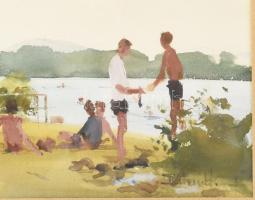 Dobroszláv Lajos (1902-1987): Strandon. Akvarell, papír, üvegezett keretben, 23x42 cm