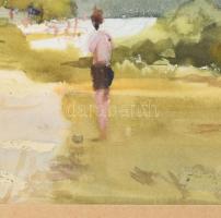 Dobroszláv Lajos (1902-1987): Strandon. Akvarell, papír, üvegezett keretben, 23x42 cm