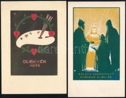 Oláh István (1890-1944), 2 db kisgrafika: BUÉK Oláhék 1938, fametszet, papír, jelzett a metszeten, 10,5x7,5 cm + Boldog karácsonyt kívánnak Oláhék, fametszet, papír, jelzett a metszeten és hátoldalán a művész bélyegzőjével, 11,5x7,5 cm