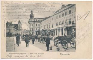 1904 Kolozsvár, Cluj; Kegyesrendiek temploma, New York szálloda, utca, lovaskocsik, gyógyszertár, Mezőgazdasági Bank, Hantz Sándor könyvkötészete, drogéria, Kónya Sándor üzlete. Kováts P. fiai 161. sz. / church, street, hotel, shops, pharmacy, drogerie, horse carts (EB)