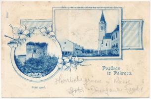 1900 Pakrác, Pakratz, Pakrac; Stari grad, Srb. pravoslavna crkva sa episkopskim dvorom / régi vár, Szerb ortodox templom és püspöki udvar / old castle, Serbian Orthodox church and bishop's court. Art Nouveau, floral + "PAKRACZ - BARCS 139. SZ." vasúti mozgóposta bélyegző (fl)