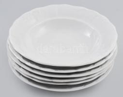 Zsolnay fehér vastag porcelán tollazott mélytányér szett, 6 db, zömmel jelzett, kopott, d: 24 cm