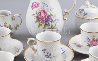Hollóházi Hajnalka mintás 9 személyes porcelán mokkás készlet. Kézzel festett, jelzett, kisebb kopás...