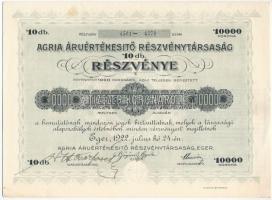 Eger 1922. "Agria Áruértékesítő Részvénytársaság" 10db részvénye 10.000K-ról szárazpecséttel, szelvényekkel T:AU