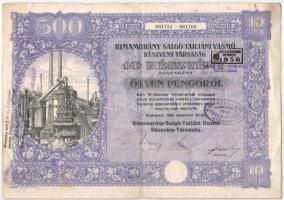 Budapest 1925. "Rimamurány-Salgó-Tarjáni Vasmű Részvény-Társaság" 10db részvénye egyenként 50P-ről, szárazpecséttel és bélyegzésekkel, szelvényekkel T:F